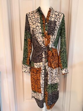 Nine West Multi-Color Snake-Print Tie-Waist Long Sleeve Dress
